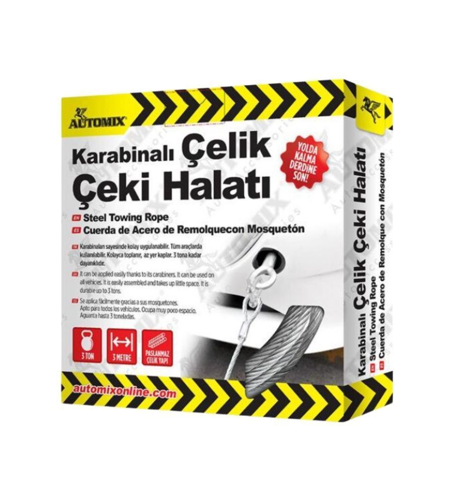 Automix Karabinalı Çelik Çeki Halatı 3 Ton 3 Mt